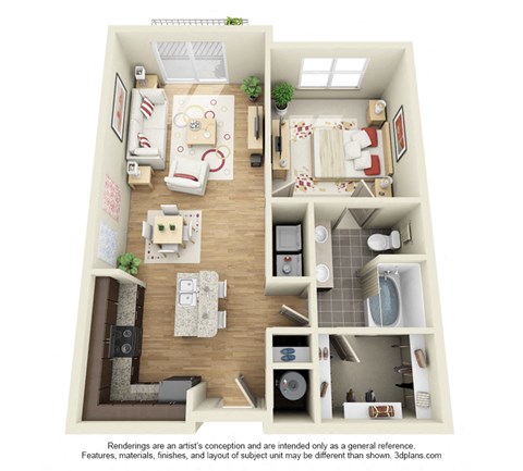 Floor plan for 1 bed, 1 bath, 845 sqft
